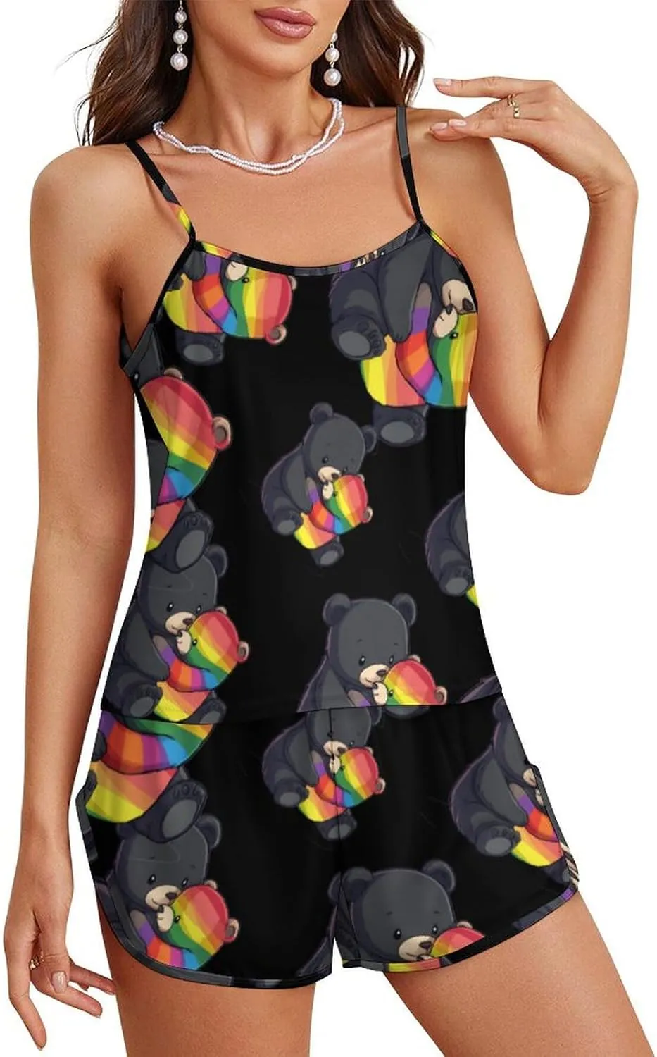 Rainbow Mama Bear Hug Love Pajamas for Women Set Tank Top Pjs And Shorts Sleepwear Loungewear Sets