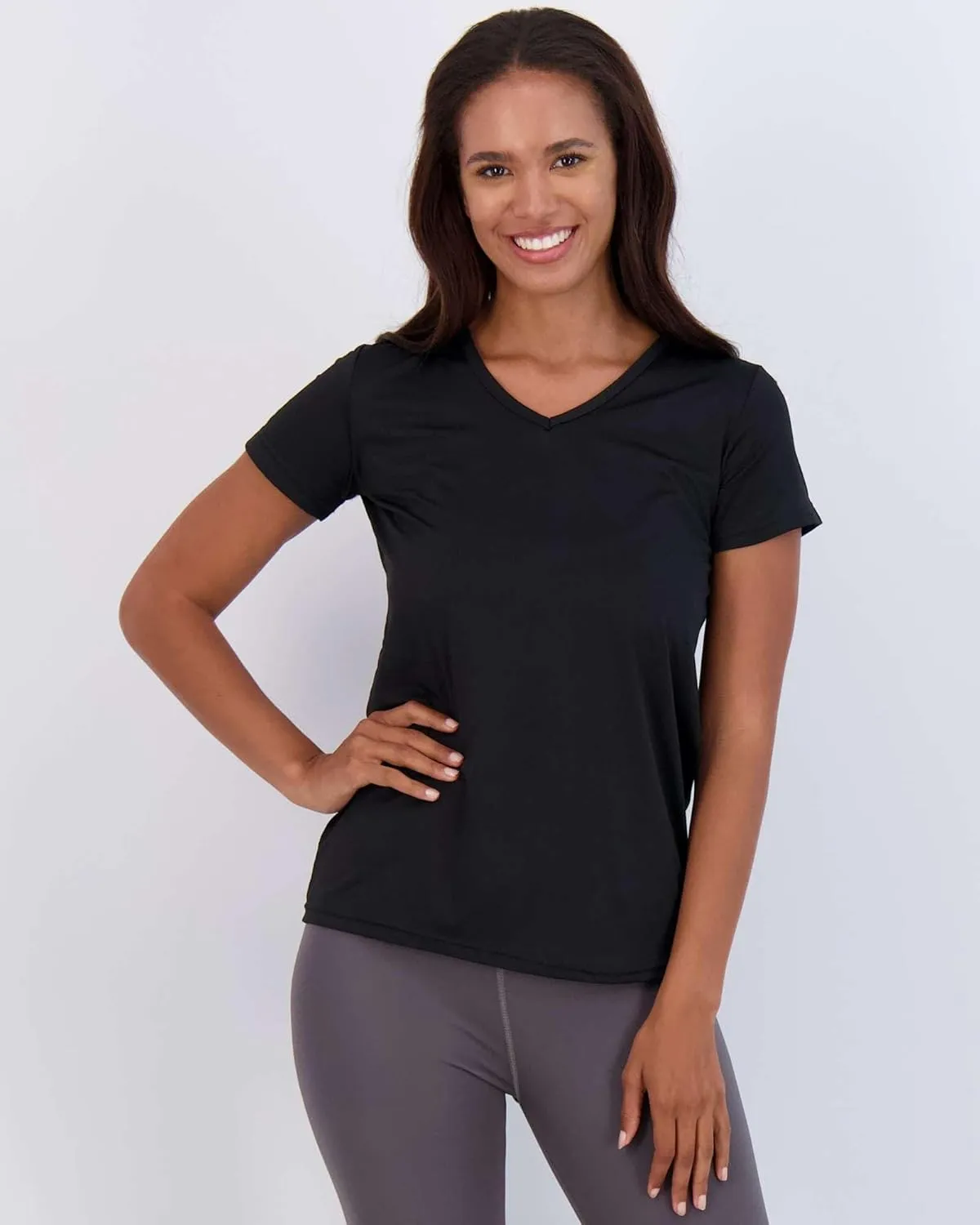 Real Essentials 5 Pack: Women's Short Sleeve V-Neck Activewear T-Shirt Dry-Fit Wicking Yoga Top (Available in Plus)
