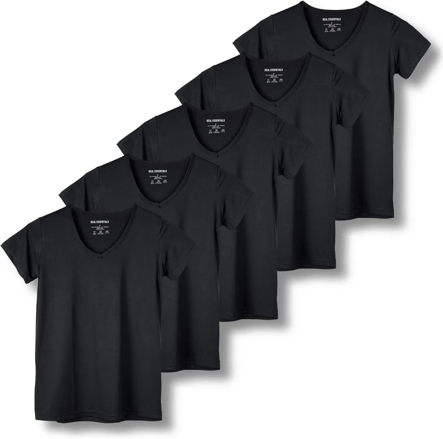 Real Essentials 5 Pack: Women's Short Sleeve V-Neck Activewear T-Shirt Dry-Fit Wicking Yoga Top (Available in Plus)