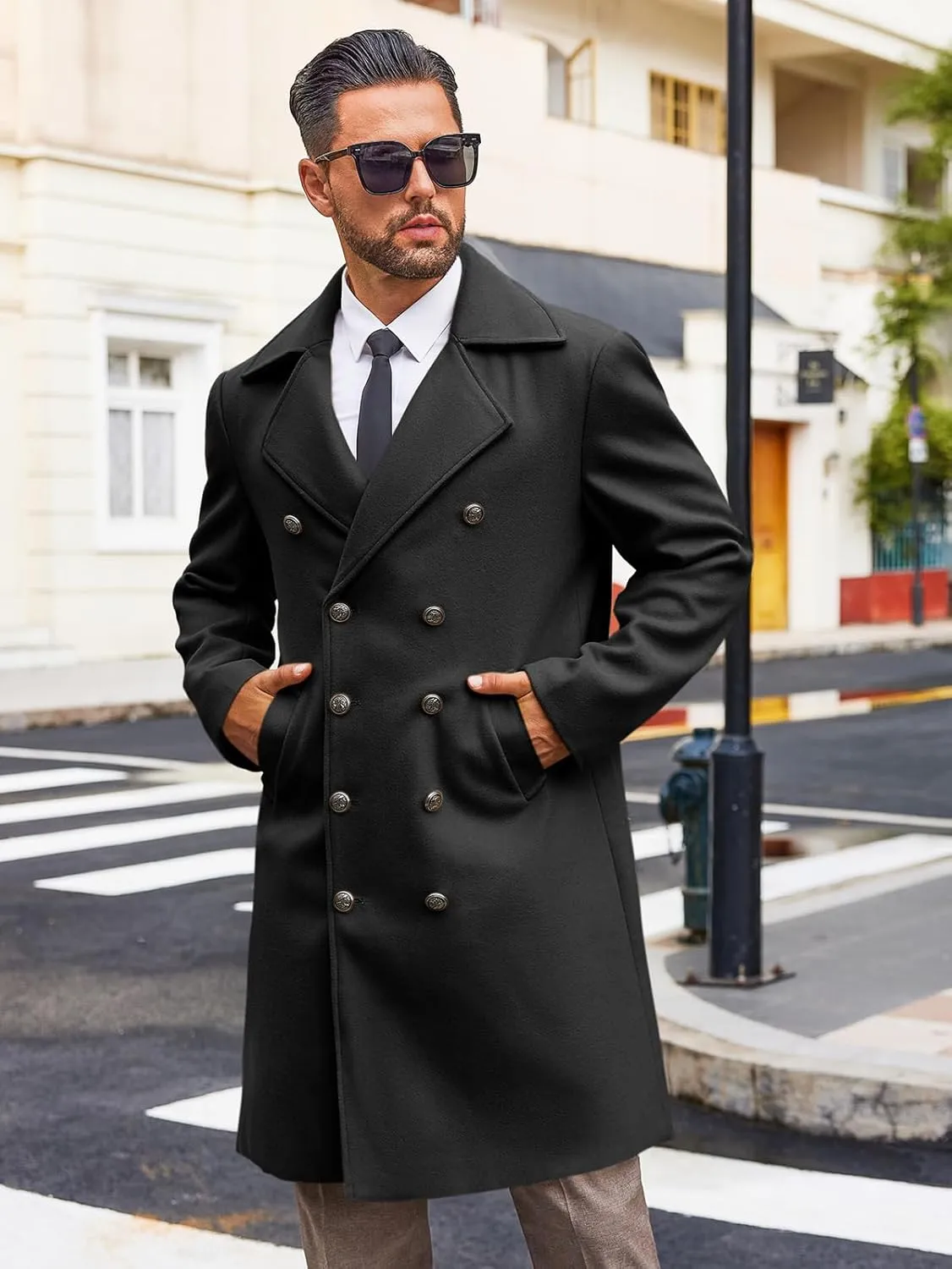 Runcati Mens Double Breasted Trench Coat Notch Lapel Peacoat Mid Long Winter Classic Overcoat