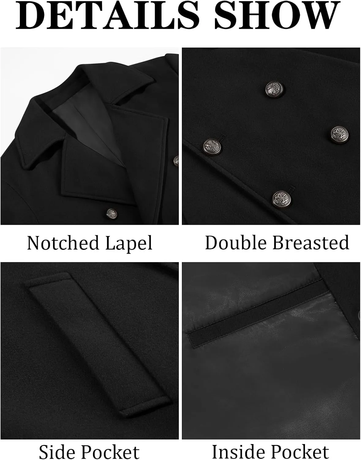 Runcati Mens Double Breasted Trench Coat Notch Lapel Peacoat Mid Long Winter Classic Overcoat