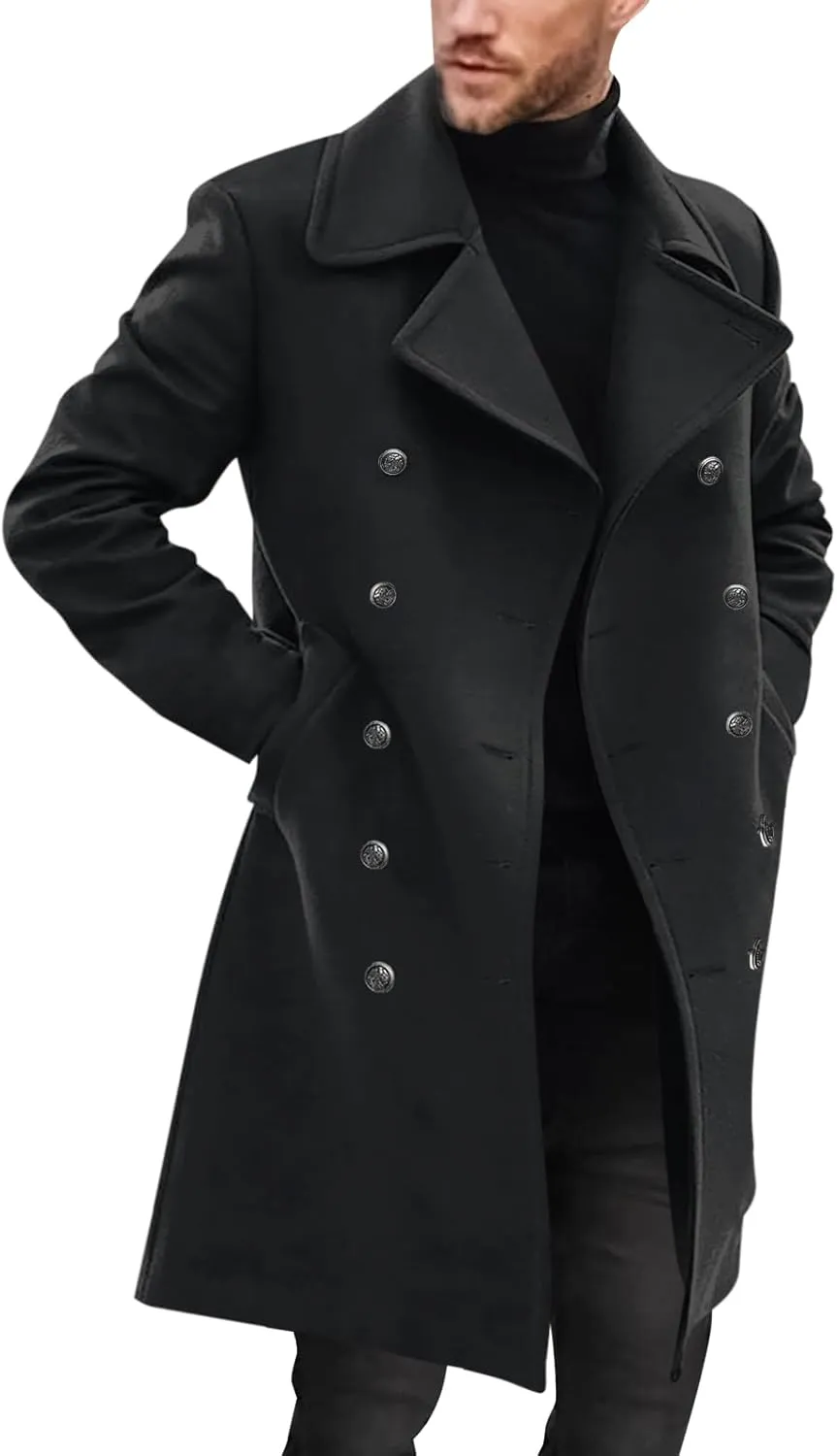 Runcati Mens Double Breasted Trench Coat Notch Lapel Peacoat Mid Long Winter Classic Overcoat