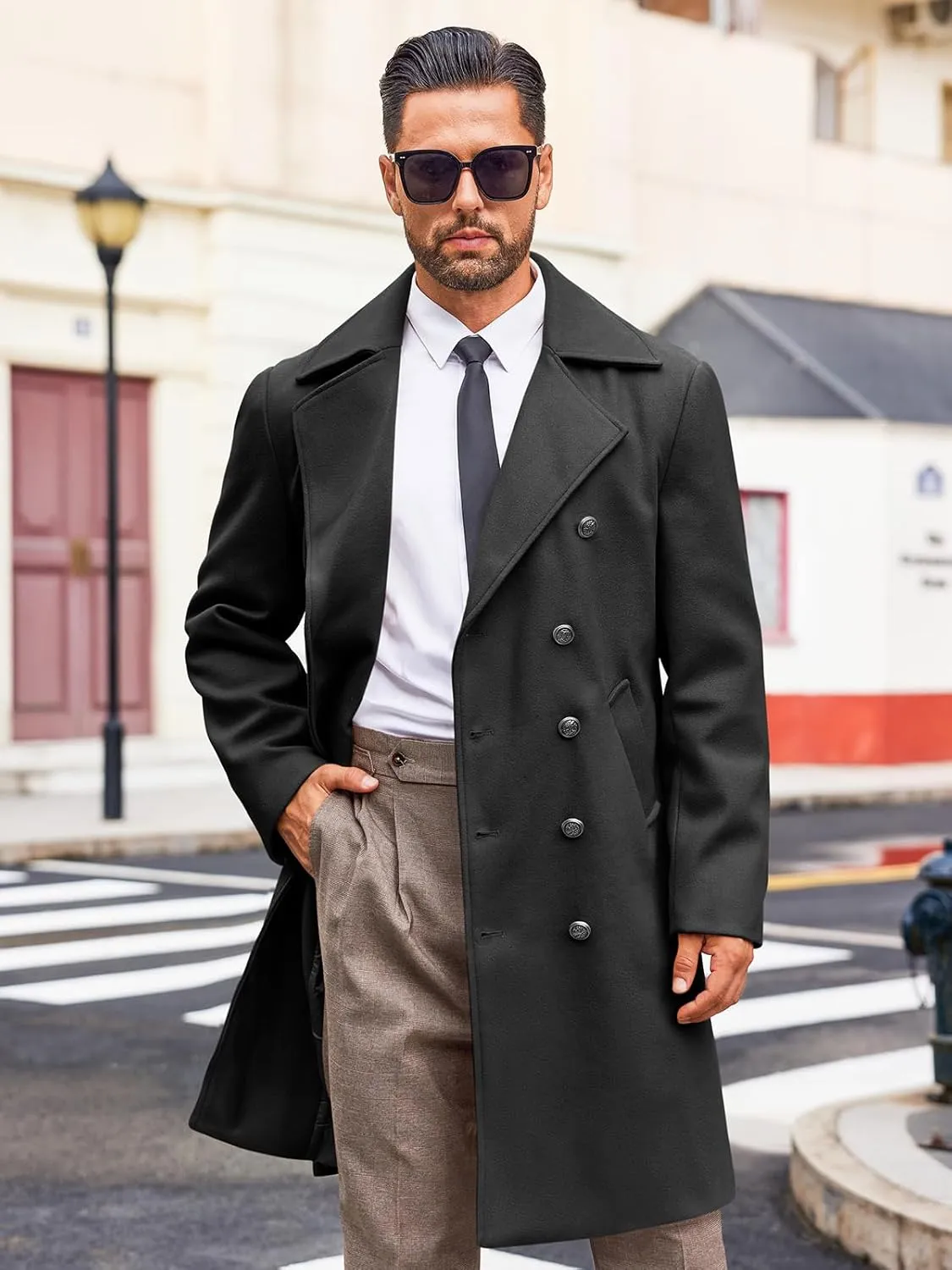 Runcati Mens Double Breasted Trench Coat Notch Lapel Peacoat Mid Long Winter Classic Overcoat