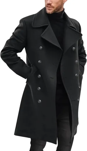 Runcati Mens Double Breasted Trench Coat Notch Lapel Peacoat Mid Long Winter Classic Overcoat