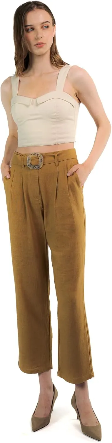 SANDY & SID Womens Pants Linen Crop High Rise *Small Size* Straight Leg Trousers Fabric Belt Business Office Work Casual Wear