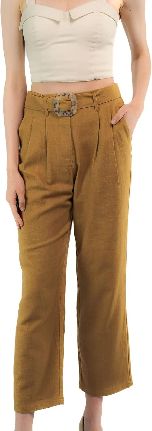SANDY & SID Womens Pants Linen Crop High Rise *Small Size* Straight Leg Trousers Fabric Belt Business Office Work Casual Wear