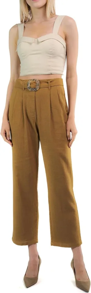 SANDY & SID Womens Pants Linen Crop High Rise *Small Size* Straight Leg Trousers Fabric Belt Business Office Work Casual Wear