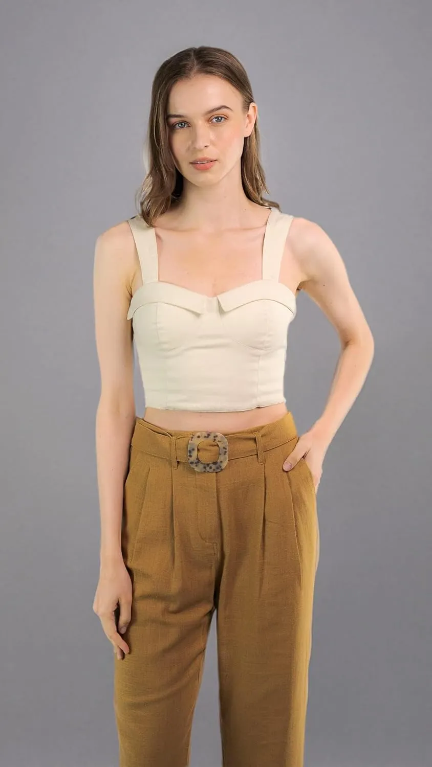SANDY & SID Womens Pants Linen Crop High Rise *Small Size* Straight Leg Trousers Fabric Belt Business Office Work Casual Wear