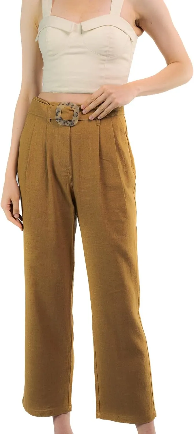 SANDY & SID Womens Pants Linen Crop High Rise *Small Size* Straight Leg Trousers Fabric Belt Business Office Work Casual Wear