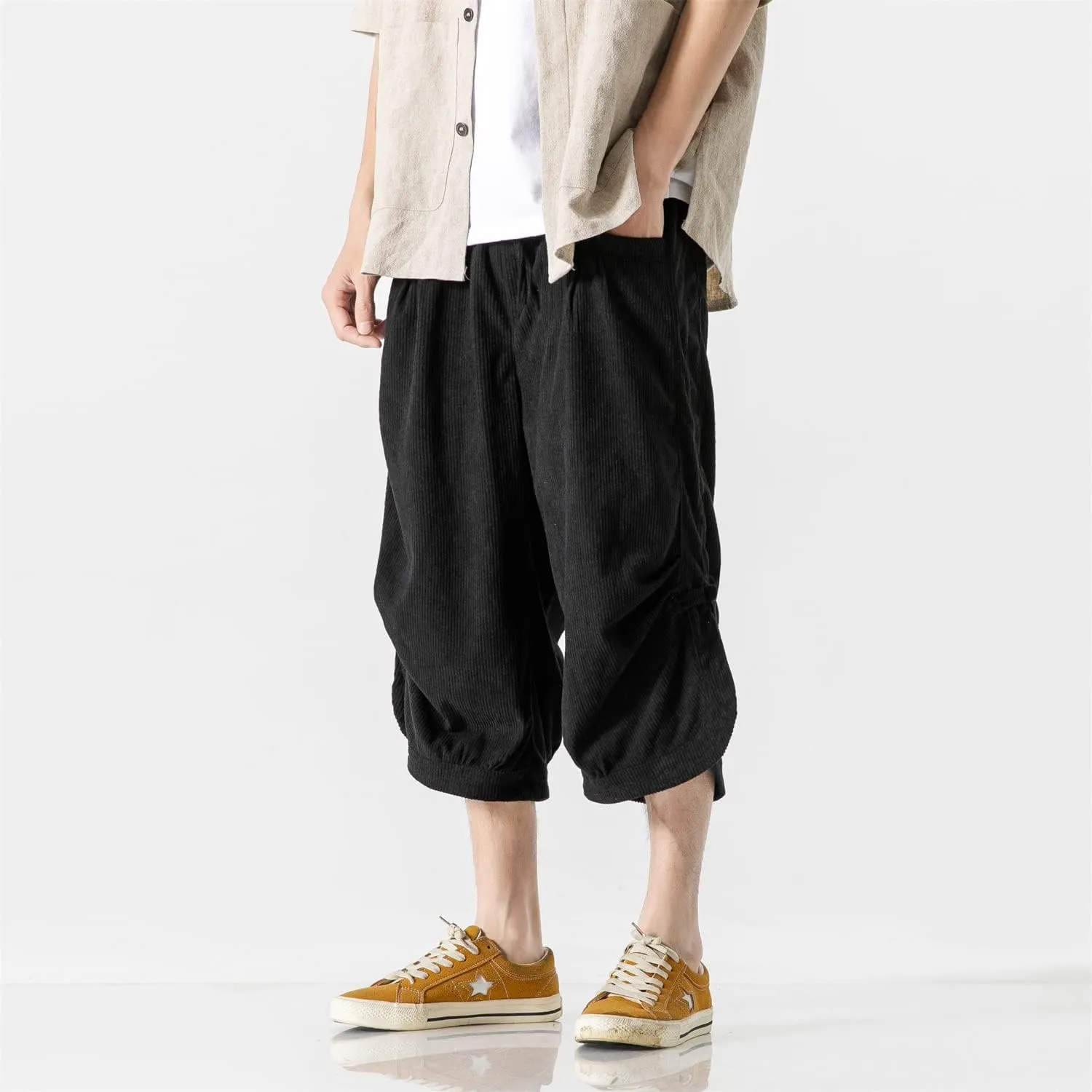 Seidarise Men's Harem Capri Pants, Wide Leg Mens Capris, Summer Linen Pants