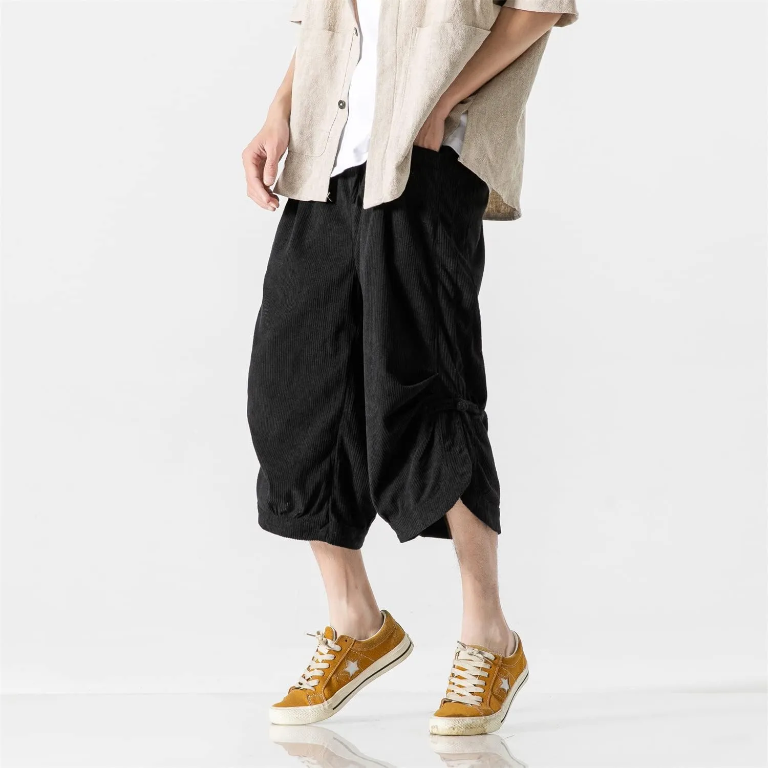 Seidarise Men's Harem Capri Pants, Wide Leg Mens Capris, Summer Linen Pants