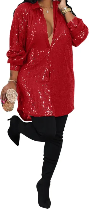 Sequin Dress for Women Long Sleeve V Neck Sparkly Shirt Dresses Birthday Dress Party Dresses