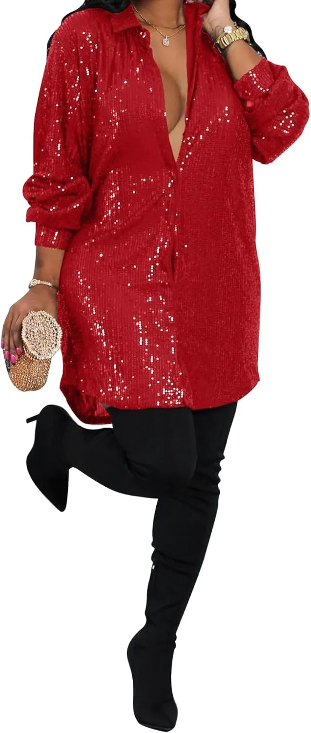 Sequin Dress for Women Long Sleeve V Neck Sparkly Shirt Dresses Birthday Dress Party Dresses