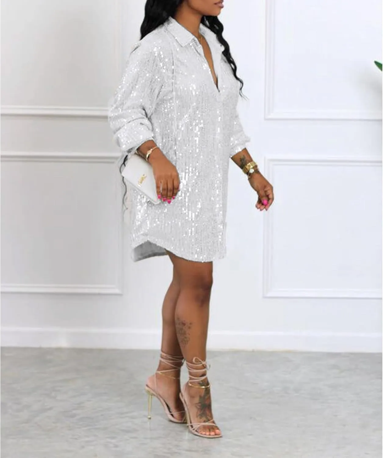 Sequin Dress for Women Long Sleeve V Neck Sparkly Shirt Dresses Birthday Dress Party Dresses