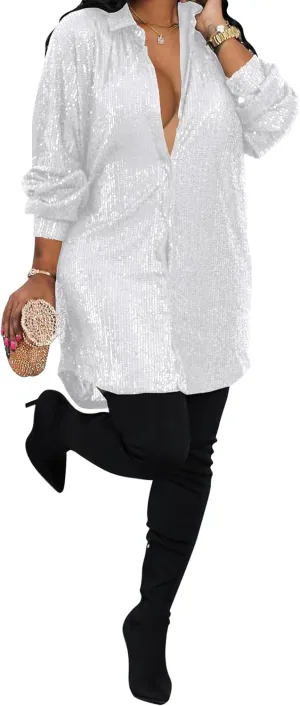 Sequin Dress for Women Long Sleeve V Neck Sparkly Shirt Dresses Birthday Dress Party Dresses