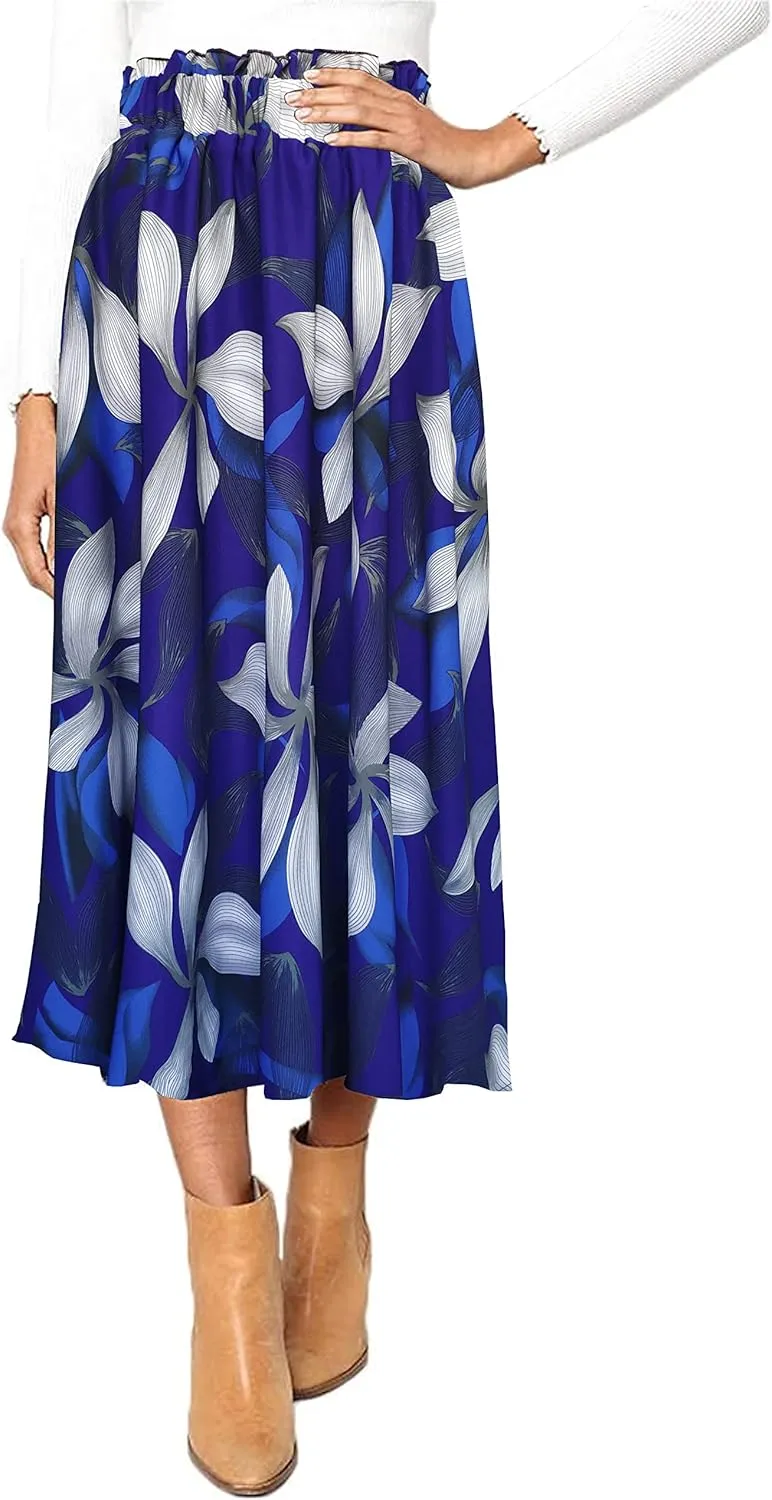 Sinono Women Elastic High Waist A Line Floral Print Swing Chiffon Beach Midi Long Skirt with Pockets