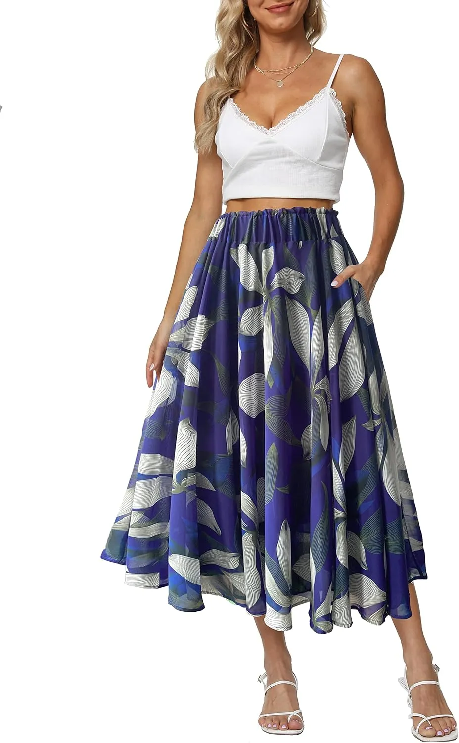 Sinono Women Elastic High Waist A Line Floral Print Swing Chiffon Beach Midi Long Skirt with Pockets