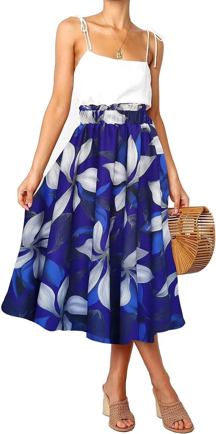Sinono Women Elastic High Waist A Line Floral Print Swing Chiffon Beach Midi Long Skirt with Pockets