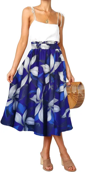 Sinono Women Elastic High Waist A Line Floral Print Swing Chiffon Beach Midi Long Skirt with Pockets