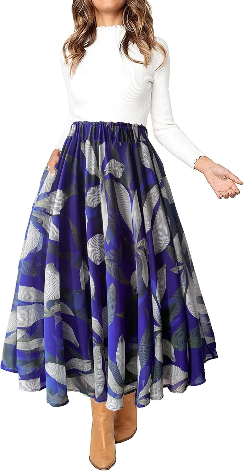 Sinono Women Elastic High Waist A Line Floral Print Swing Chiffon Beach Midi Long Skirt with Pockets