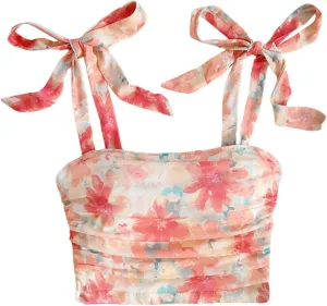 SOLY HUX Women's Floral Print Tie Shoulder Camisole Top Ruched Square Neck Boho Crop Tops