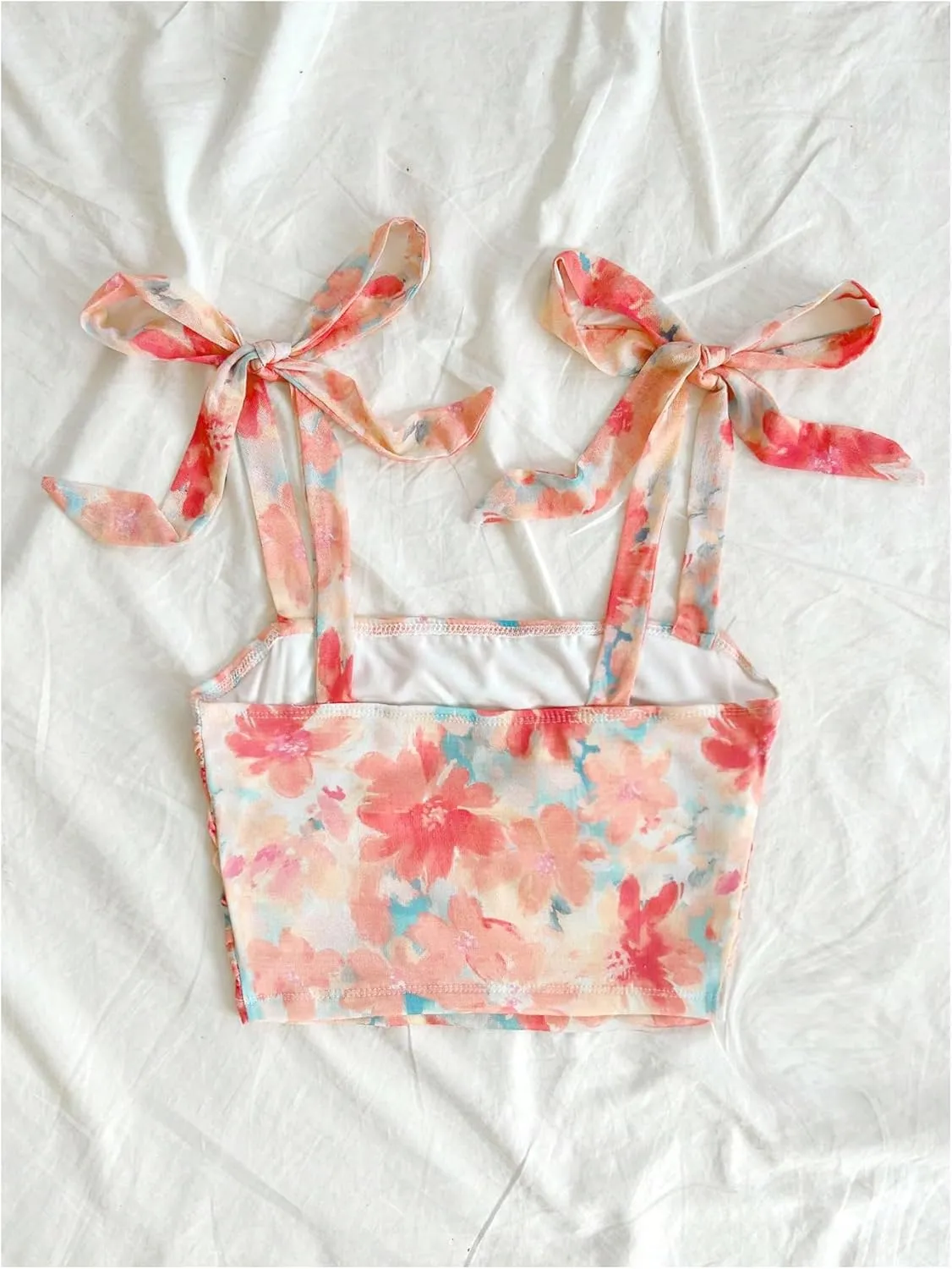 SOLY HUX Women's Floral Print Tie Shoulder Camisole Top Ruched Square Neck Boho Crop Tops
