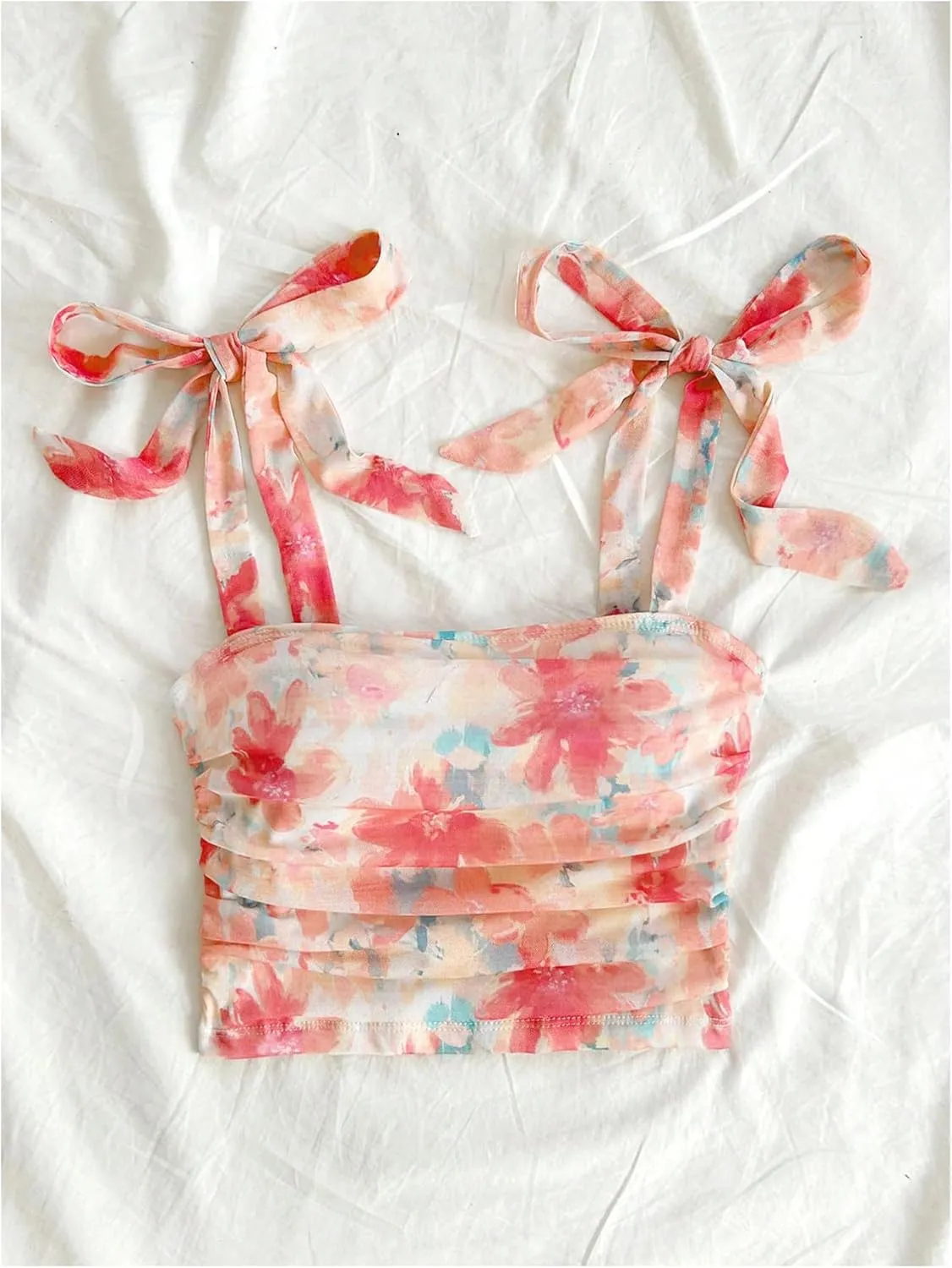 SOLY HUX Women's Floral Print Tie Shoulder Camisole Top Ruched Square Neck Boho Crop Tops