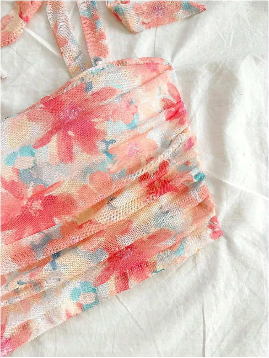 SOLY HUX Women's Floral Print Tie Shoulder Camisole Top Ruched Square Neck Boho Crop Tops