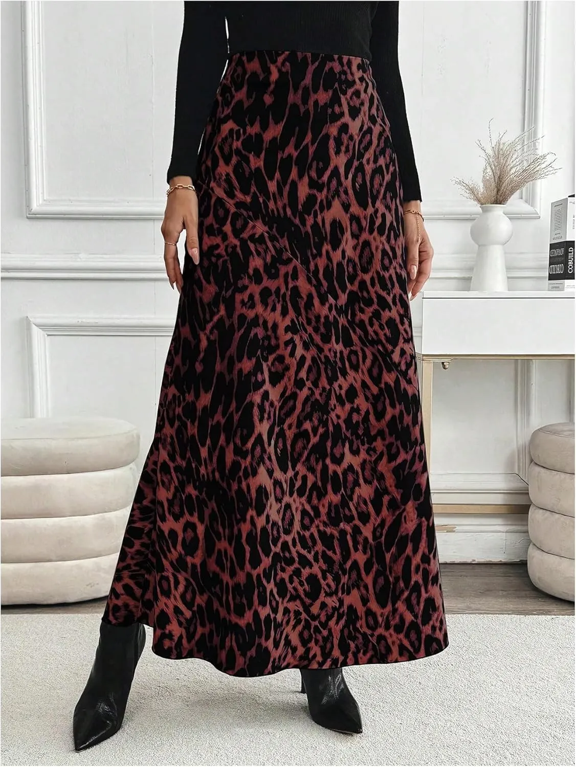 SOLY HUX Women's Leopard Print Maxi Skirt High Waisted Casual Long Skirts