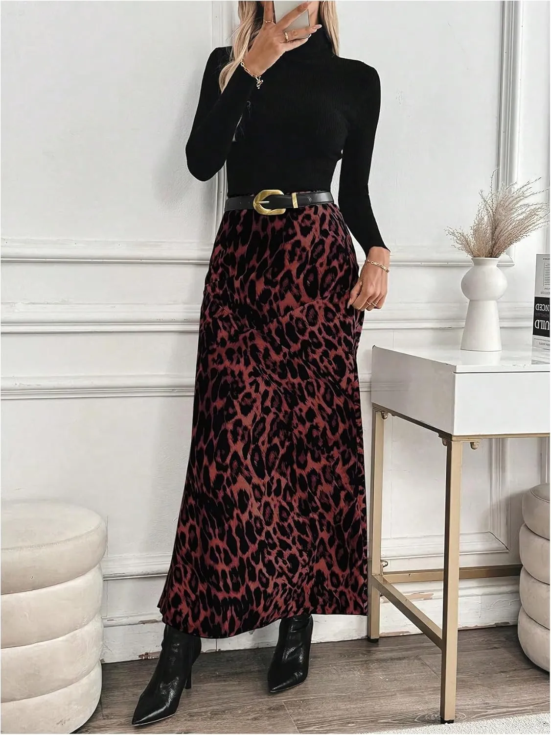 SOLY HUX Women's Leopard Print Maxi Skirt High Waisted Casual Long Skirts