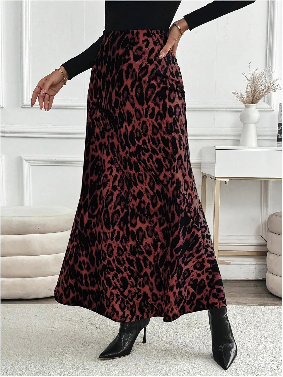 SOLY HUX Women's Leopard Print Maxi Skirt High Waisted Casual Long Skirts