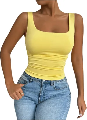 SOLY HUX Women's Summer Sleeveless Square Neck Tank Top Ruched Slim Fit Basic Vest Tops