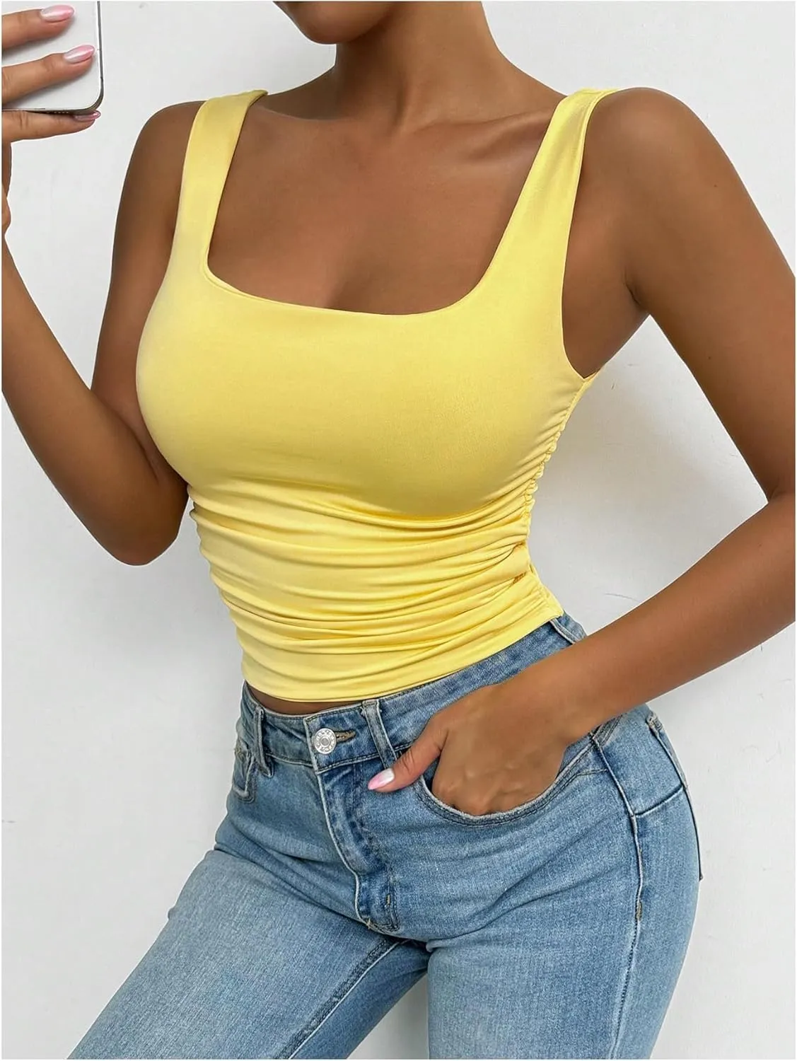 SOLY HUX Women's Summer Sleeveless Square Neck Tank Top Ruched Slim Fit Basic Vest Tops