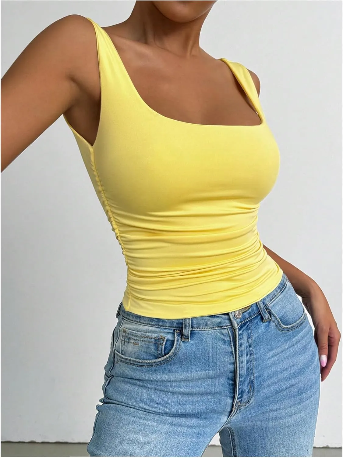 SOLY HUX Women's Summer Sleeveless Square Neck Tank Top Ruched Slim Fit Basic Vest Tops