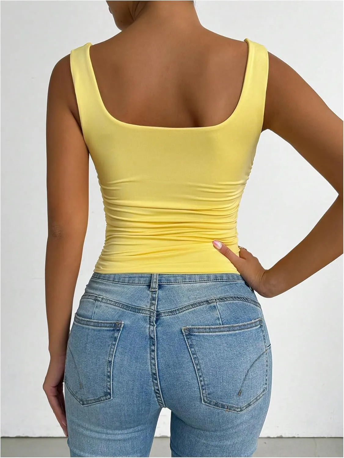 SOLY HUX Women's Summer Sleeveless Square Neck Tank Top Ruched Slim Fit Basic Vest Tops