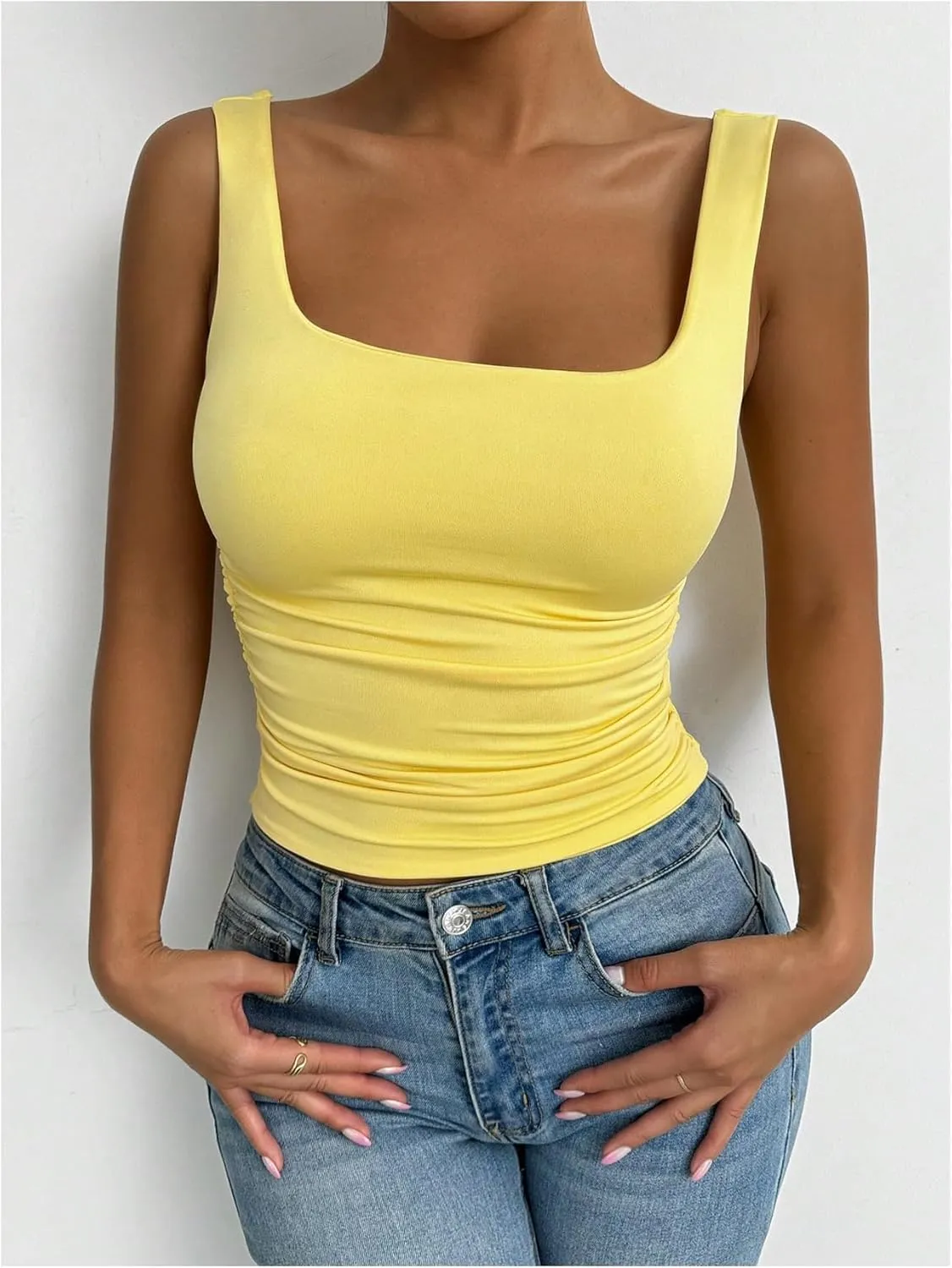 SOLY HUX Women's Summer Sleeveless Square Neck Tank Top Ruched Slim Fit Basic Vest Tops