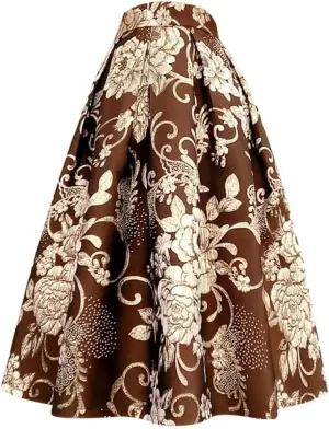 Spring Autumn Vintage Elegant Floral Print Aesthetic Y2k Purple Rose Pleated Long Midi Skirt