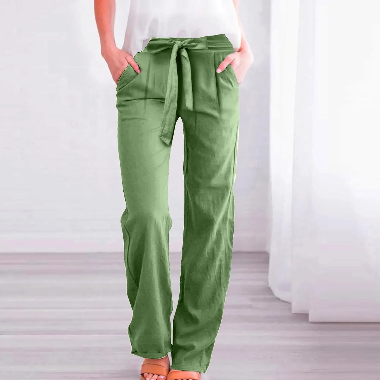 Straight Leg Linen Pants Women 2025 Summer Casual Elastic High Waisted Drawstring Pants Baggy Lounge Pants with Pockets