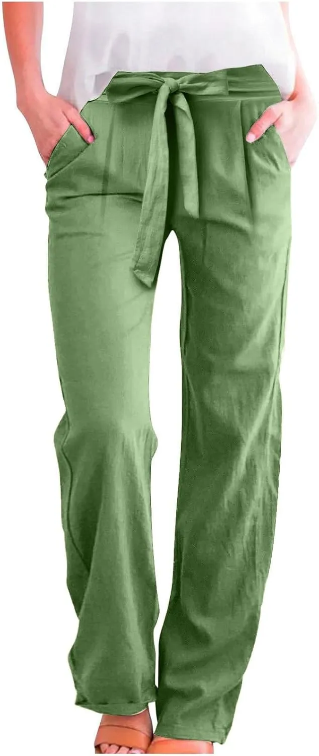 Straight Leg Linen Pants Women 2025 Summer Casual Elastic High Waisted Drawstring Pants Baggy Lounge Pants with Pockets
