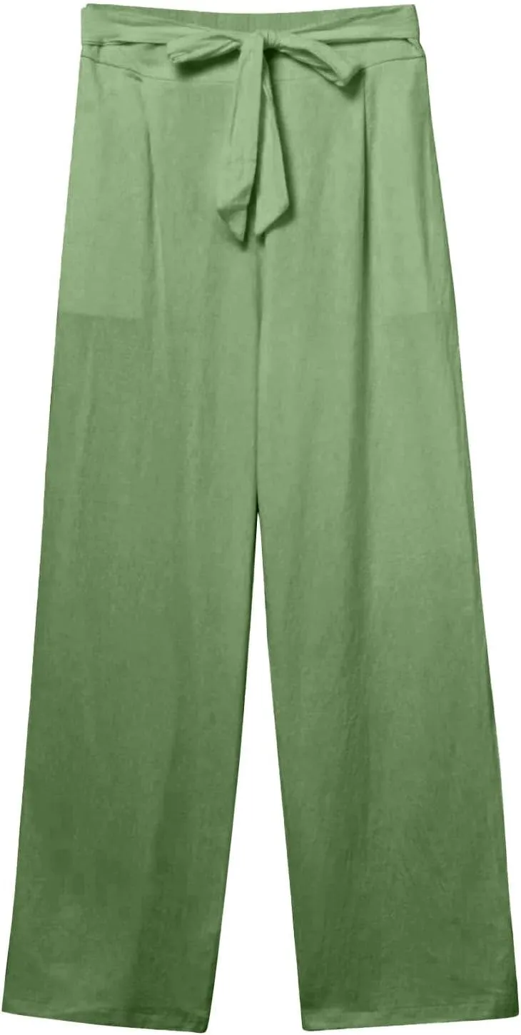 Straight Leg Linen Pants Women 2025 Summer Casual Elastic High Waisted Drawstring Pants Baggy Lounge Pants with Pockets