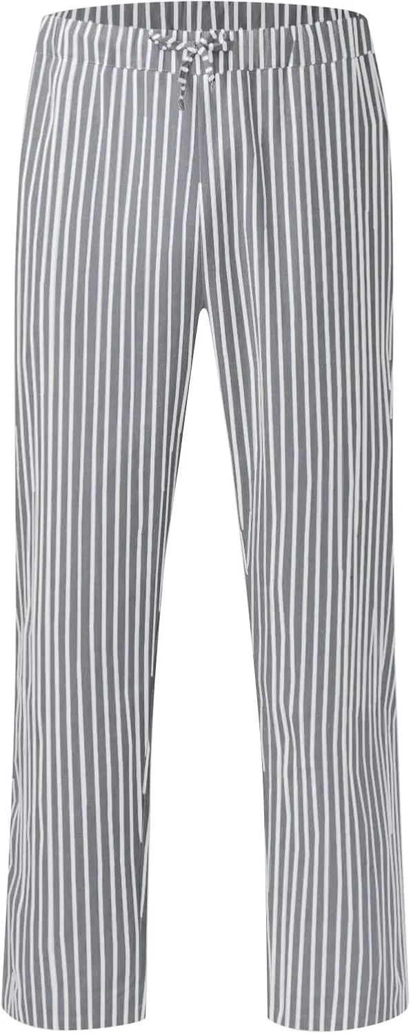 Straight Leg Linen Pants Women Summer Lightweight Striped Lounge Pants Comfy Drawstring Elastic Waist Beach Pants