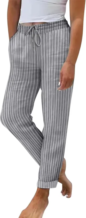 Straight Leg Linen Pants Women Summer Lightweight Striped Lounge Pants Comfy Drawstring Elastic Waist Beach Pants