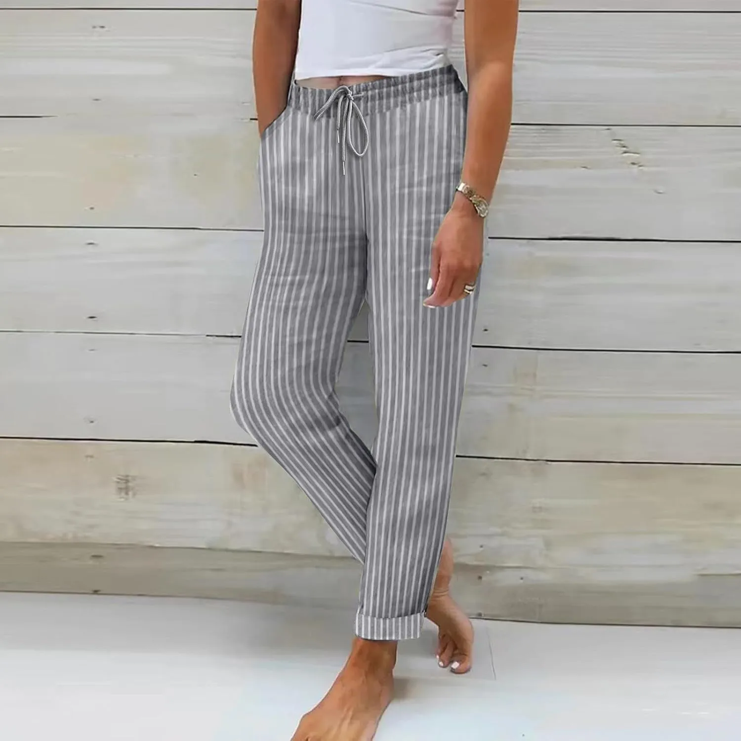 Straight Leg Linen Pants Women Summer Lightweight Striped Lounge Pants Comfy Drawstring Elastic Waist Beach Pants