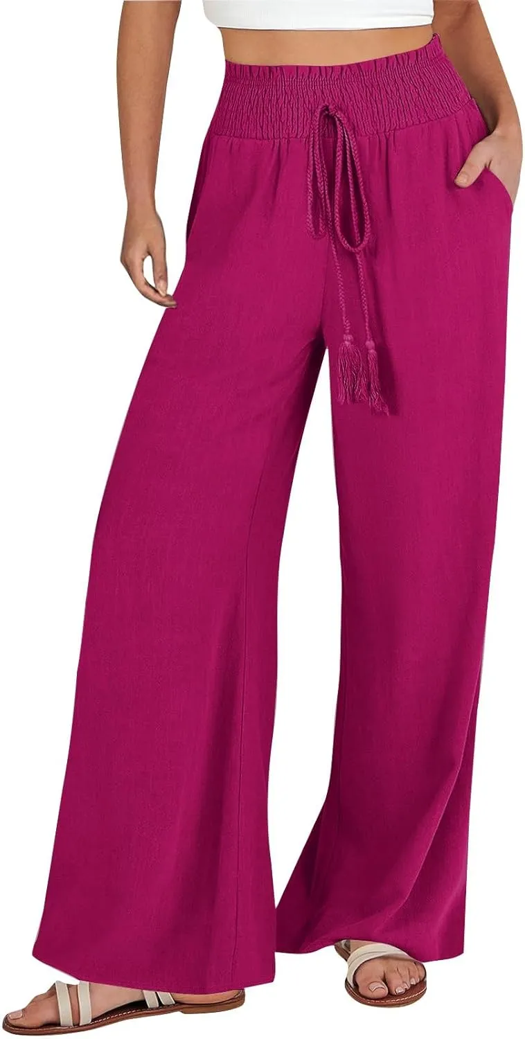 Summer Palazzo Pants for Women Trendy Flowy Wide Leg Cotton Linen Pants High Waisted Vintage Casual Trousers Pockets