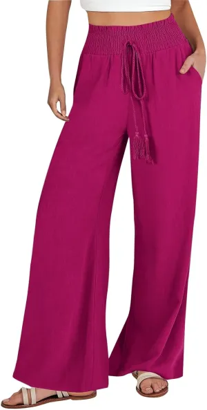 Summer Palazzo Pants for Women Trendy Flowy Wide Leg Cotton Linen Pants High Waisted Vintage Casual Trousers Pockets