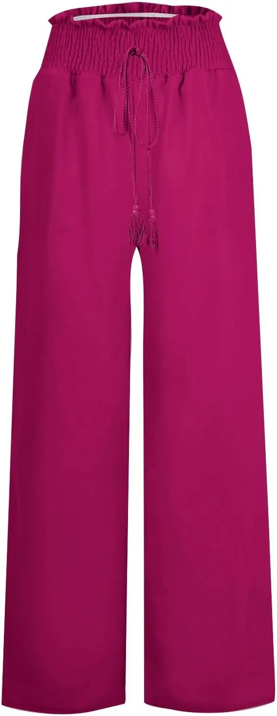 Summer Palazzo Pants for Women Trendy Flowy Wide Leg Cotton Linen Pants High Waisted Vintage Casual Trousers Pockets