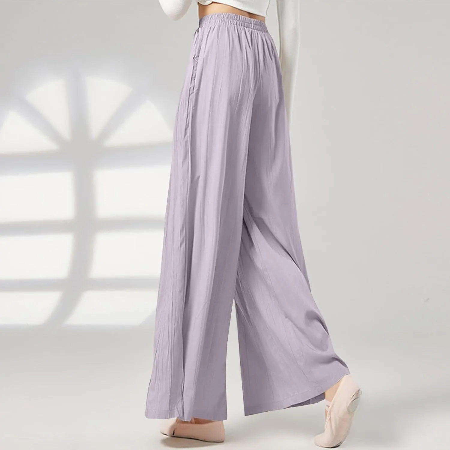 Summer Pants for Women Elastic High Waisted Pleated Pull on Wide Leg Linen Pants Ralexed Fit Flowy Beach Trouser w/Pockets