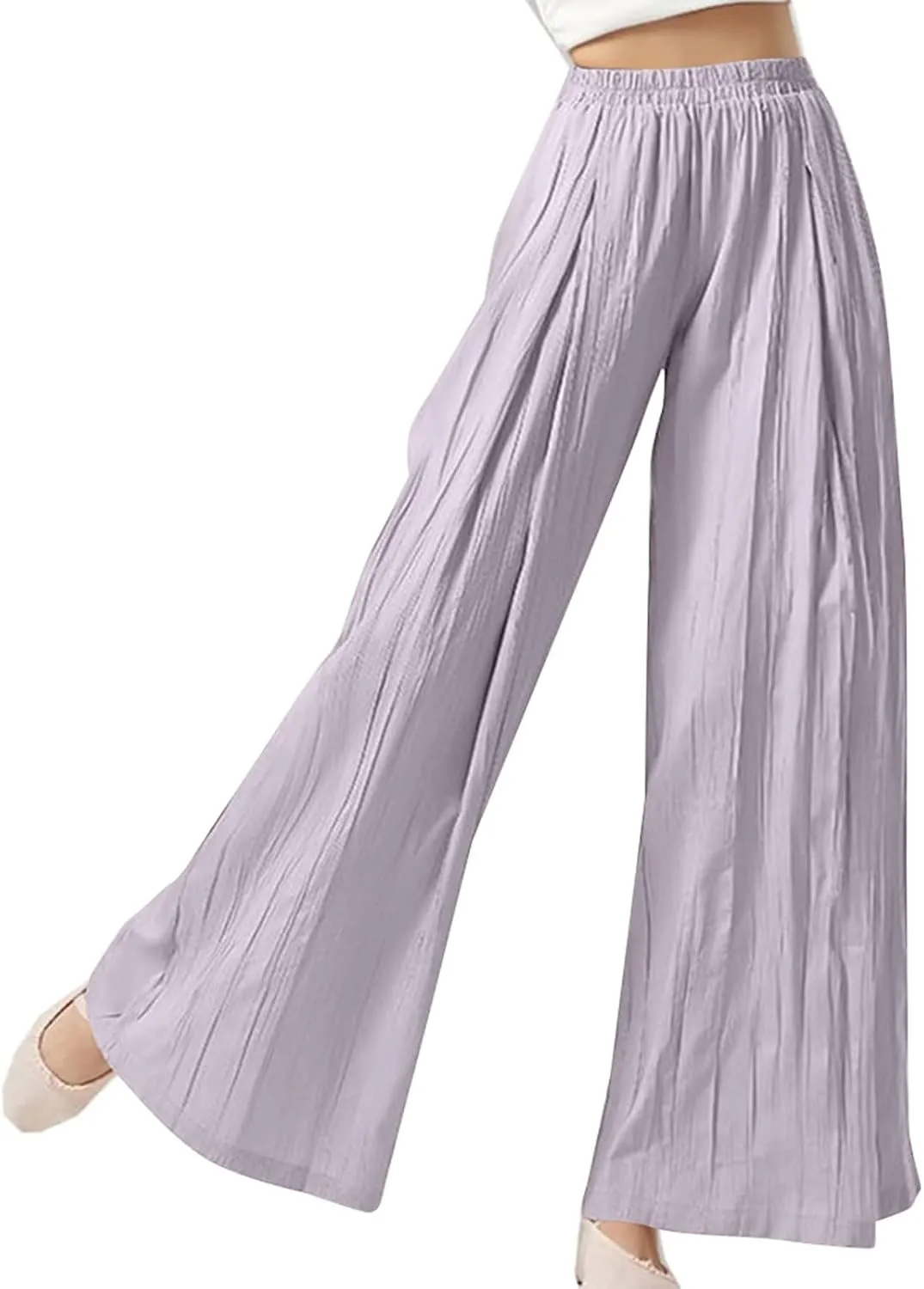 Summer Pants for Women Elastic High Waisted Pleated Pull on Wide Leg Linen Pants Ralexed Fit Flowy Beach Trouser w/Pockets