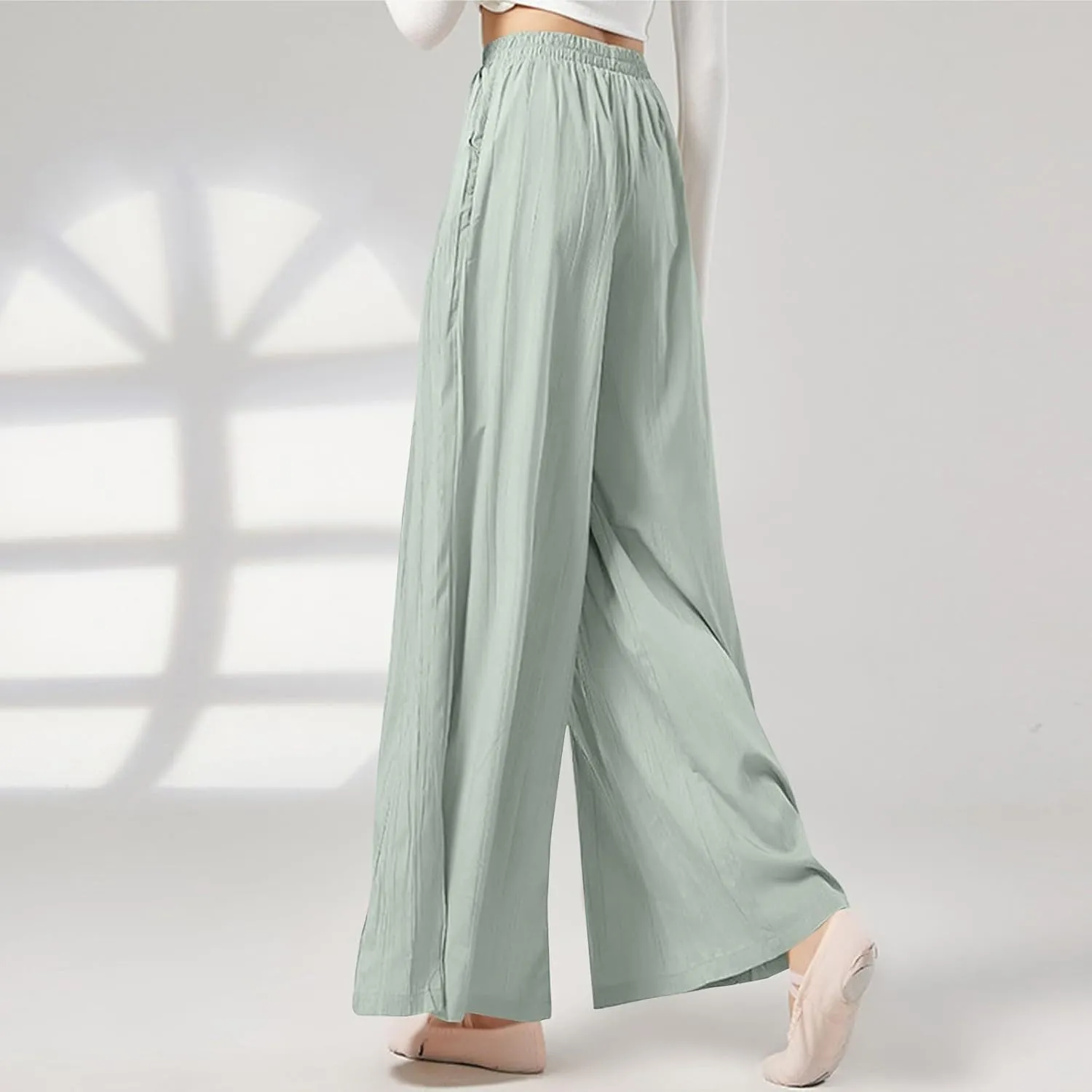 Summer Pants for Women Elastic High Waisted Pleated Pull on Wide Leg Linen Pants Ralexed Fit Flowy Beach Trouser w/Pockets