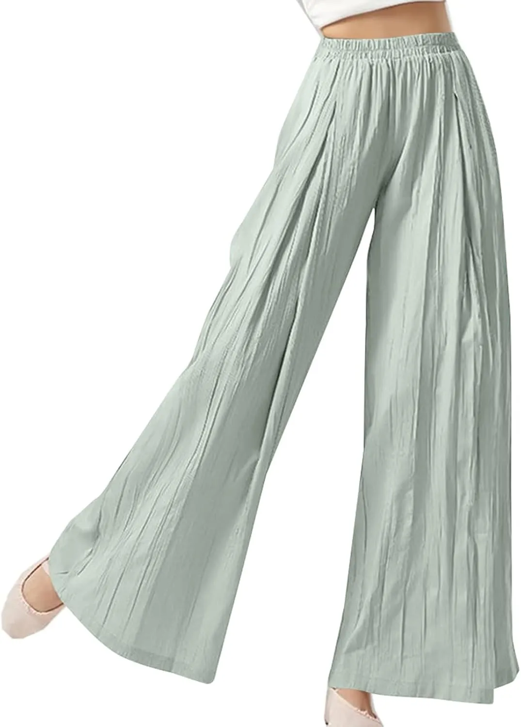 Summer Pants for Women Elastic High Waisted Pleated Pull on Wide Leg Linen Pants Ralexed Fit Flowy Beach Trouser w/Pockets